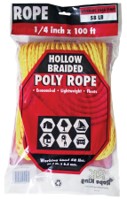 Rope KING HBP-14100 Hollow Braided Poly Rope, Yellow, 1/4" x 100'